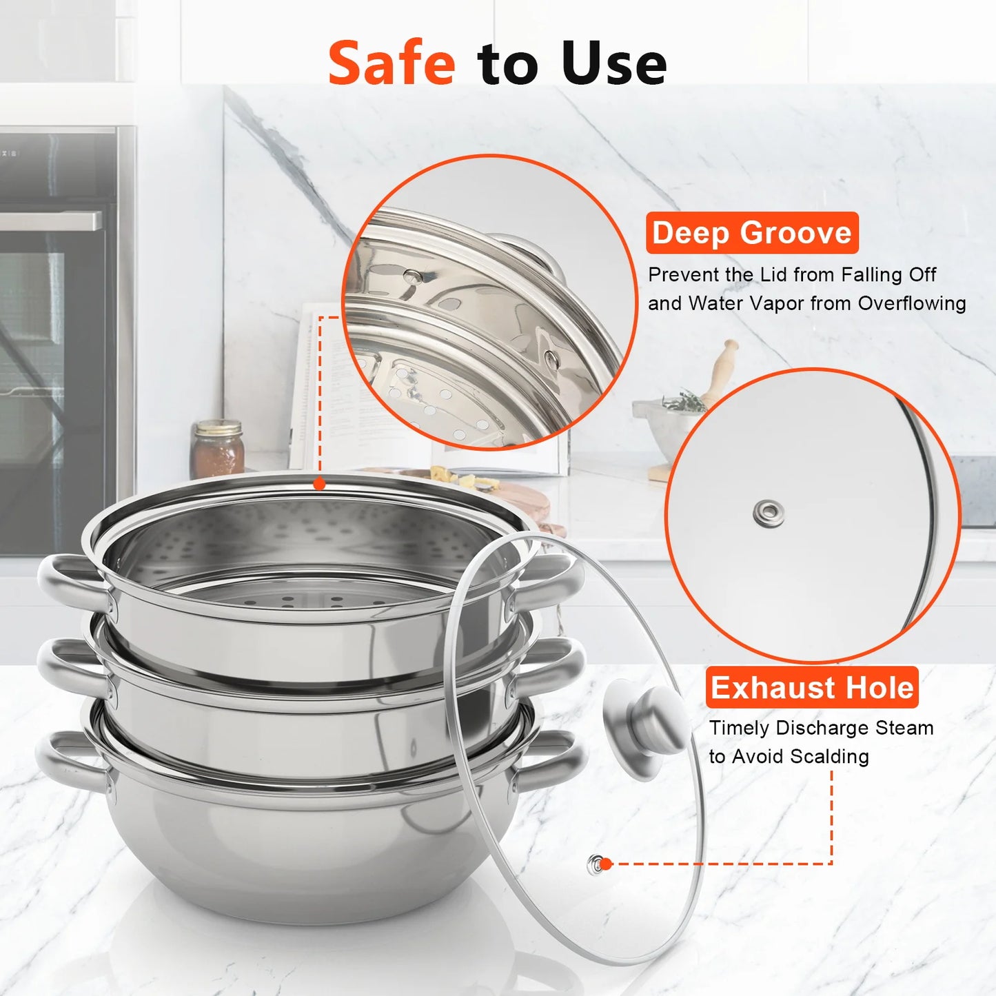 11 Inch 3 Tier Large Stainless Steel Steamer Pot Set with Glass Lid