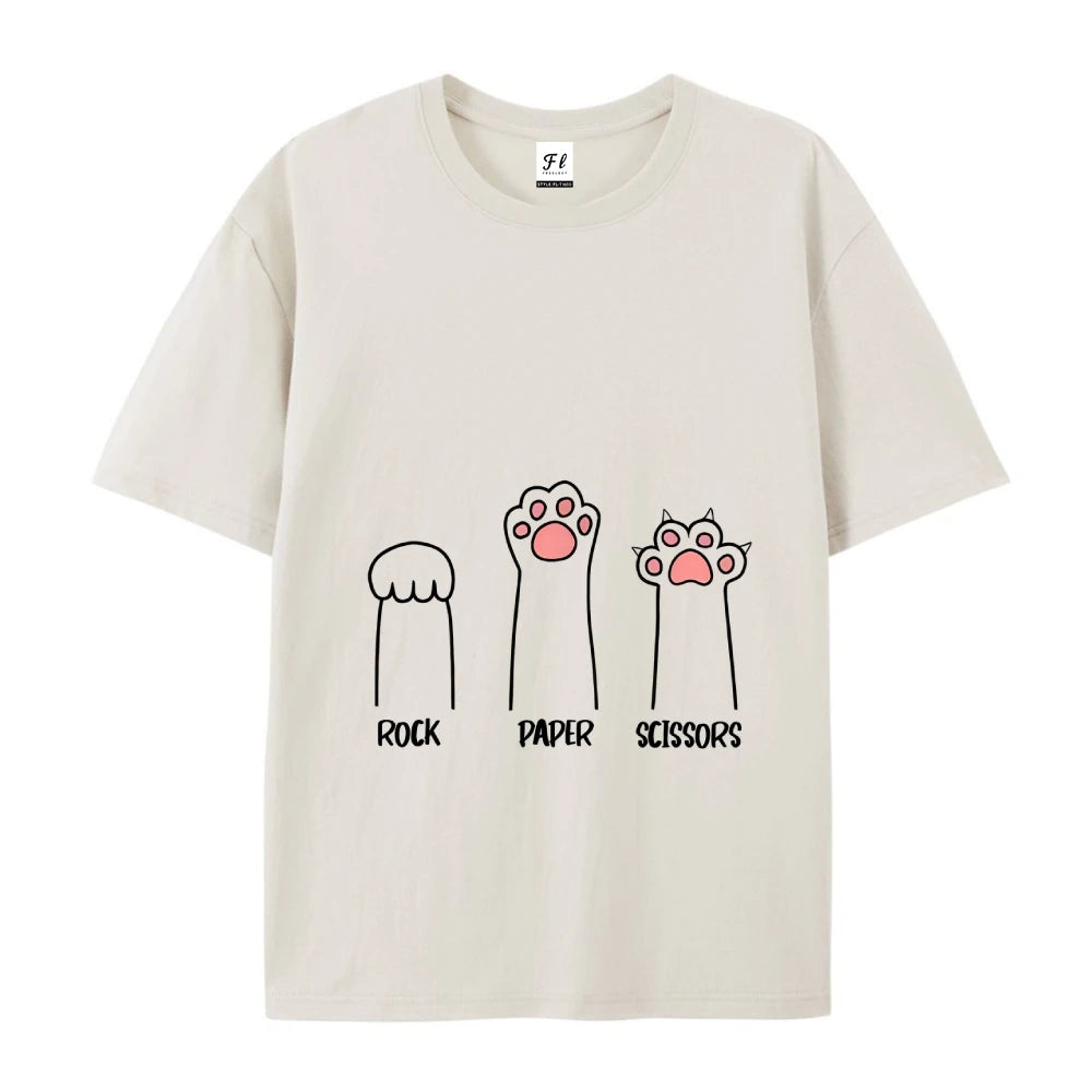 Rock Paper Scissors Cat Print T Shirt Women Oversize Cotton Summer Crewneck