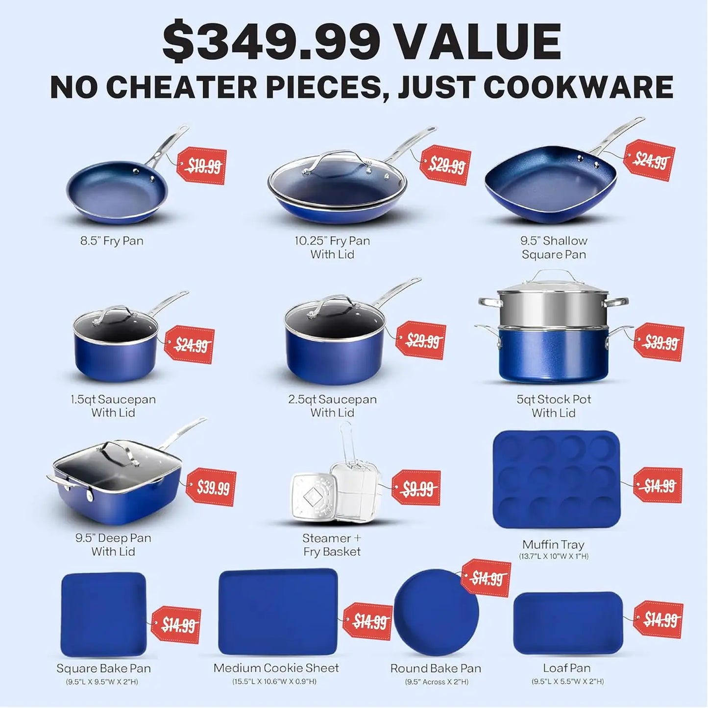 True 20 Piece Non Stick Cookware Set with Deep Square Pan and Bakeware Set PFOA PFOS Free Oven Safe Blue Diamond