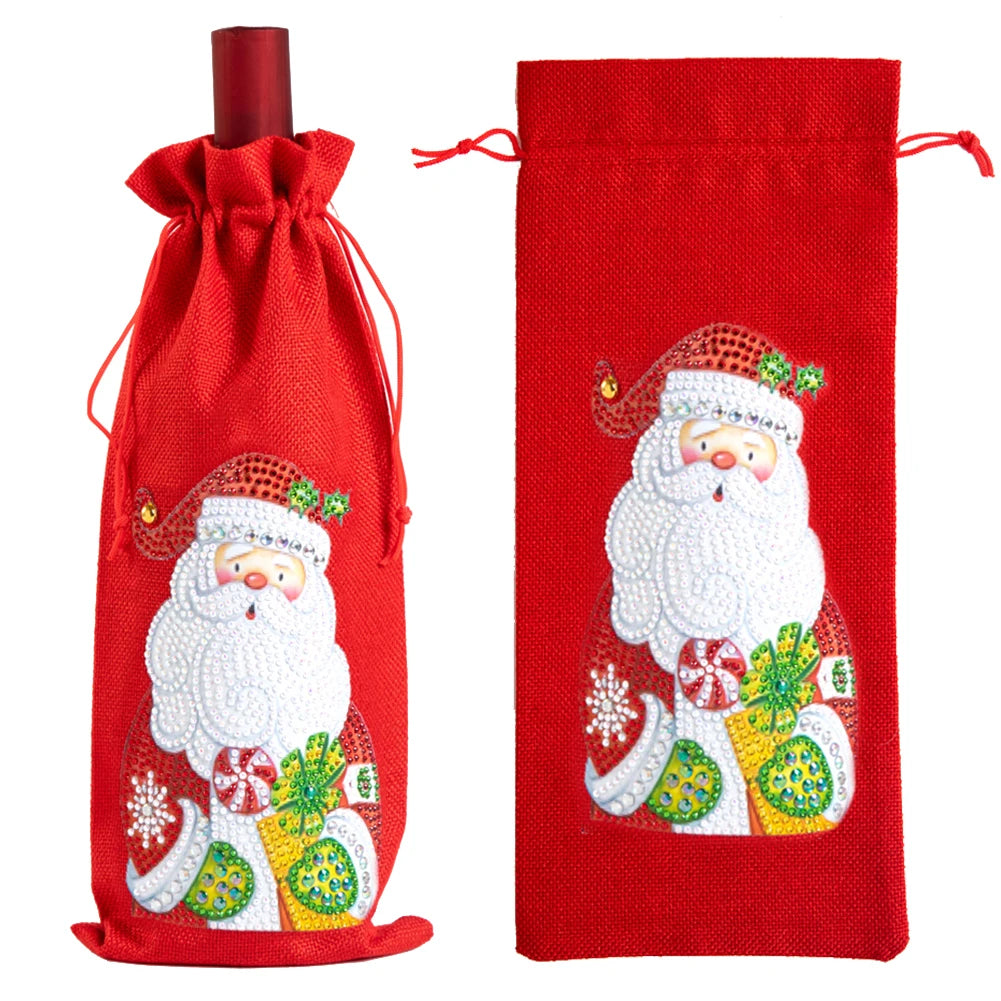 Christmas Diamond Art Wine Gift Bag Drawstring Bottle Cover