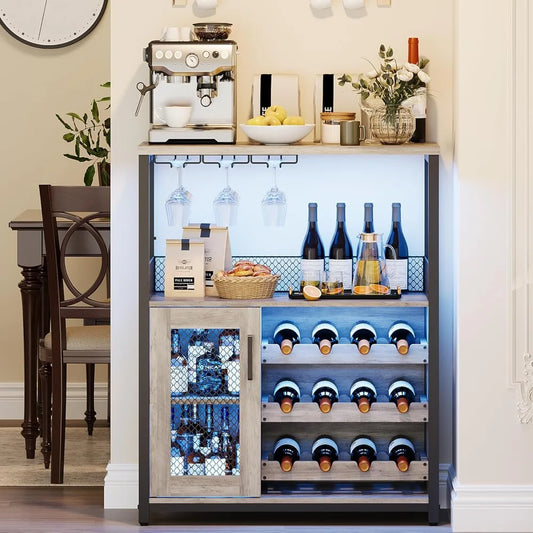 Three Tier Wine Bar Cabinet With LED Lights And Wine Rack