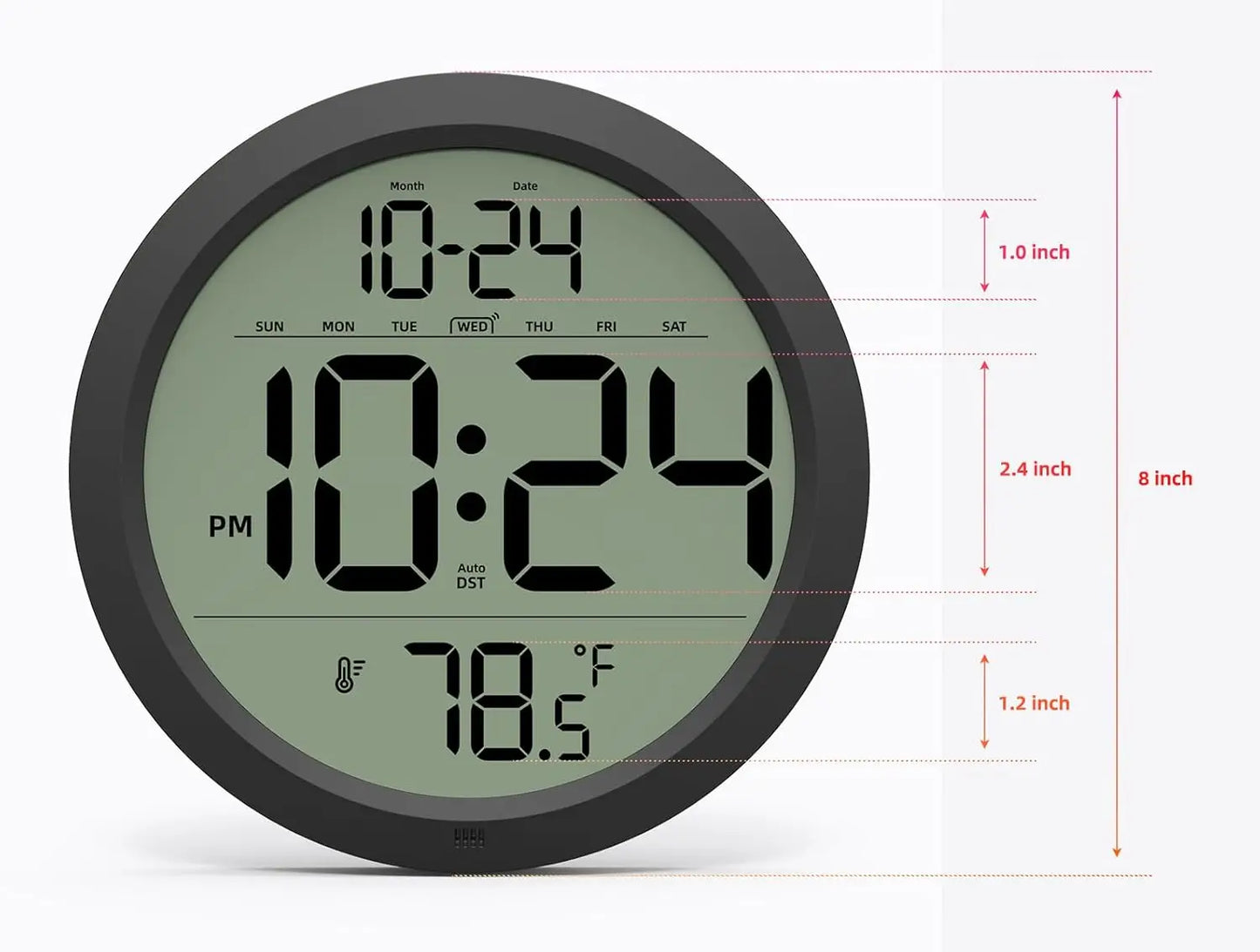 8 Inch Digital Wall Clock Date Temperature Auto DST Battery Operated