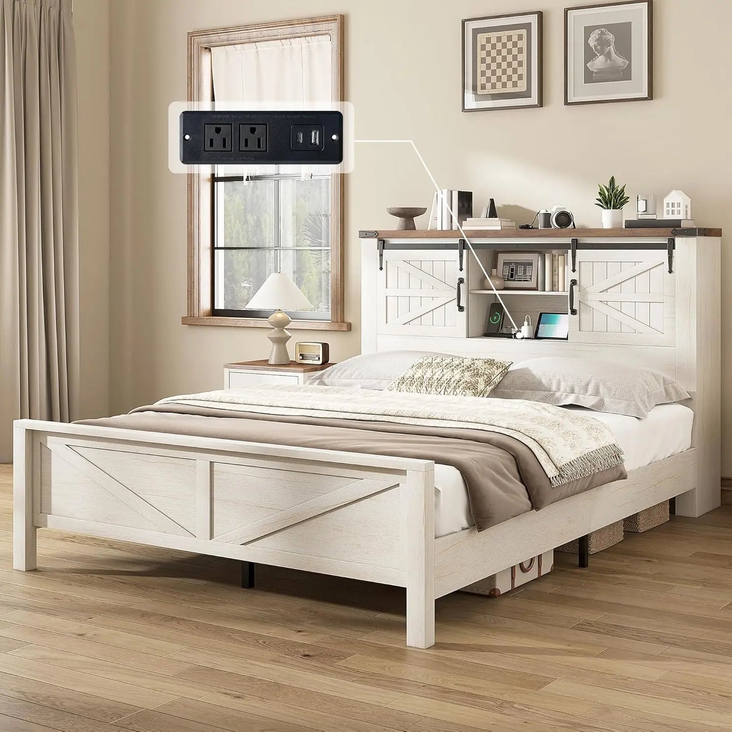 Farmhouse Queen Bed Frame With Storage USB Headboard No Box Spring White Finish