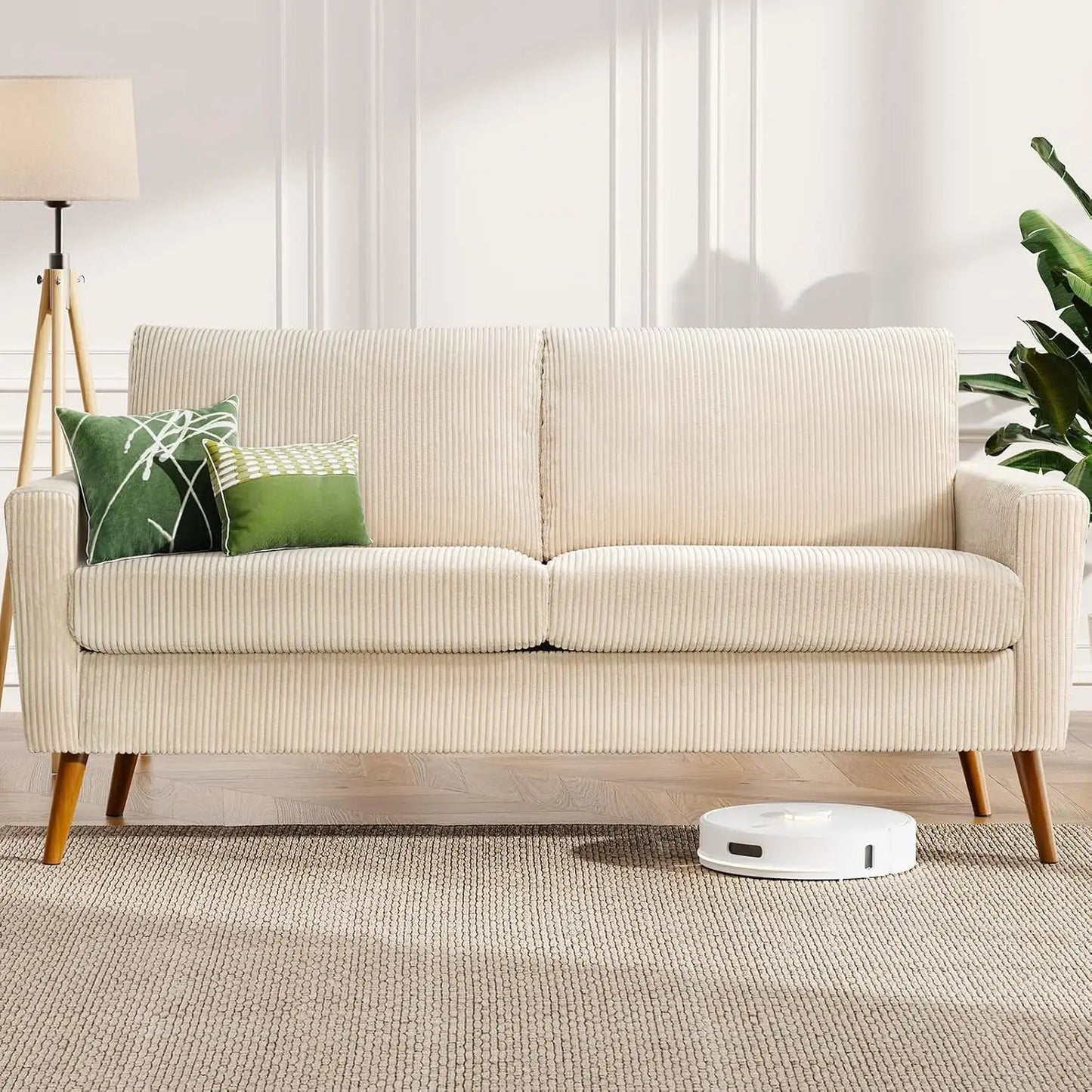 68 Inch Beige Corduroy Loveseat Sofa Mid Century Modern Small Love Seat