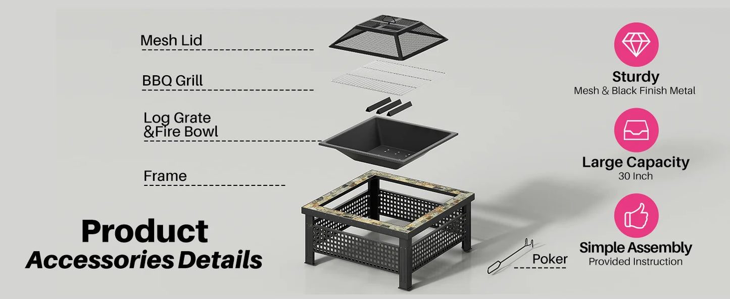 30 Inch Fire Pit Square Outdoor Table Mesh Lid Fire Poker