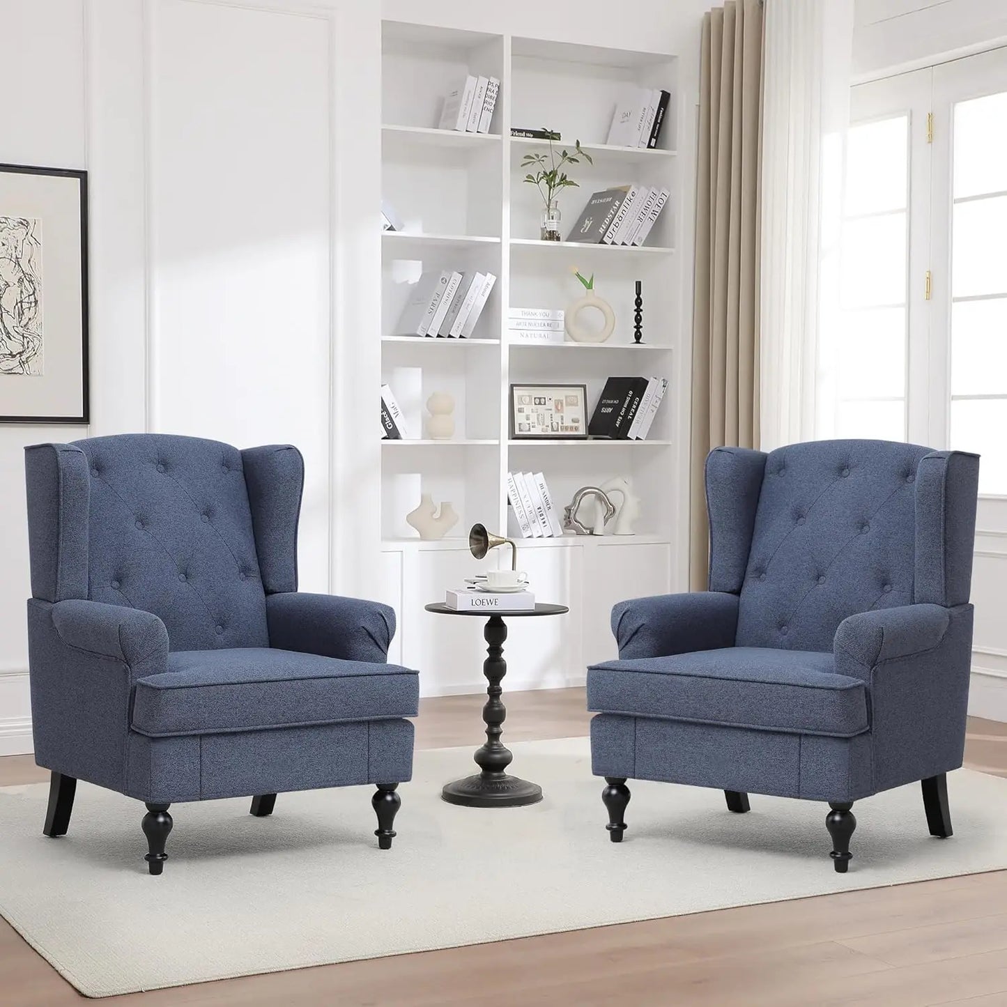 Accent Chair Set Of 2 Mid Century Modern Fabric Wingback Chairs With High Back