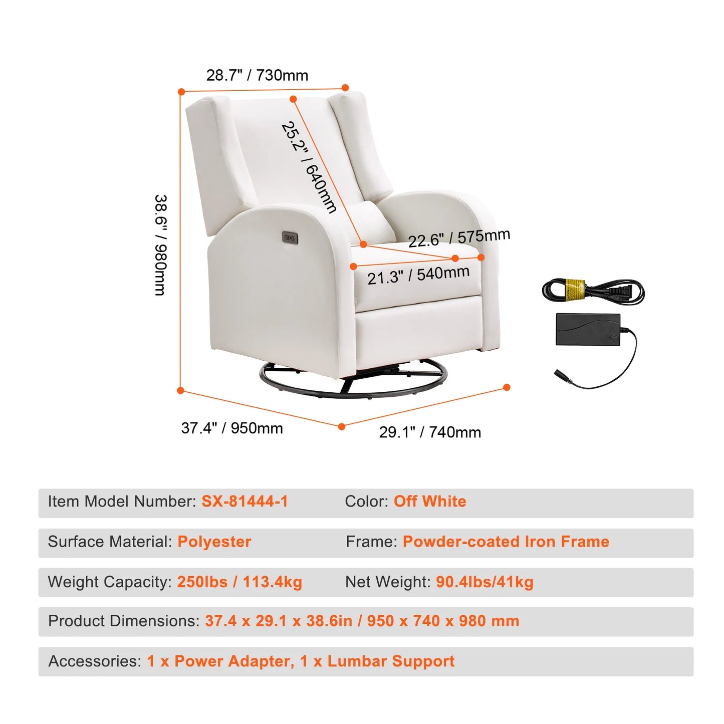 SucceBuy Electronic Power Recliner With USB Port Swivel Glider 250 Lb