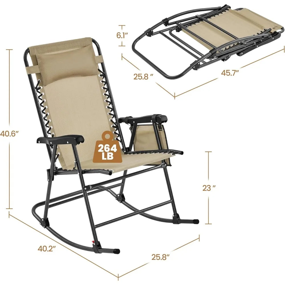 26 Inch Zero Gravity Rocking Chair Folding Reclining Lounge Chair For Outdoor Patio Lawn Beige Alloy Steel Frame Fabric Seat