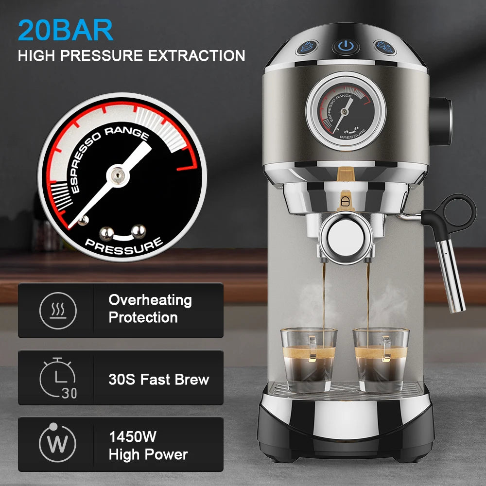BioloMix 20 Bar Semi Automatic Powder Coffee Machine with Milk Steam Frother for Espresso Cappuccino Latte and Mocha