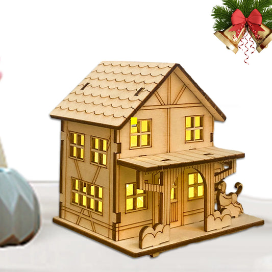 Christmas Rustic Cottage Building Model DIY Crafts Wooden Cabin Collectible Figurines with LED Lights Home Decorations