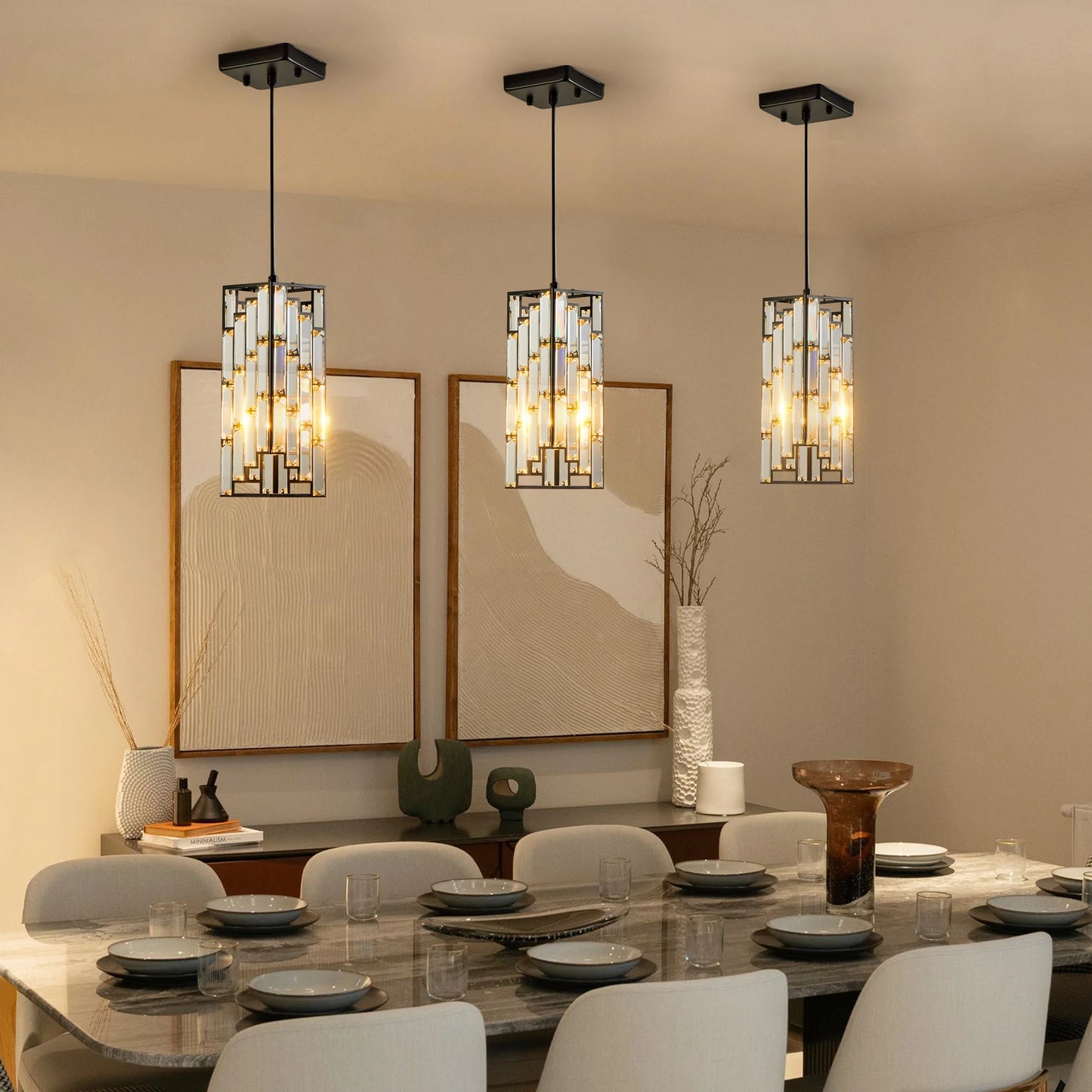 Arlgsit Modern Luxury Crystal Pendant Light 3 Pack Adjustable Hanging Ceiling Lamp Black Finish