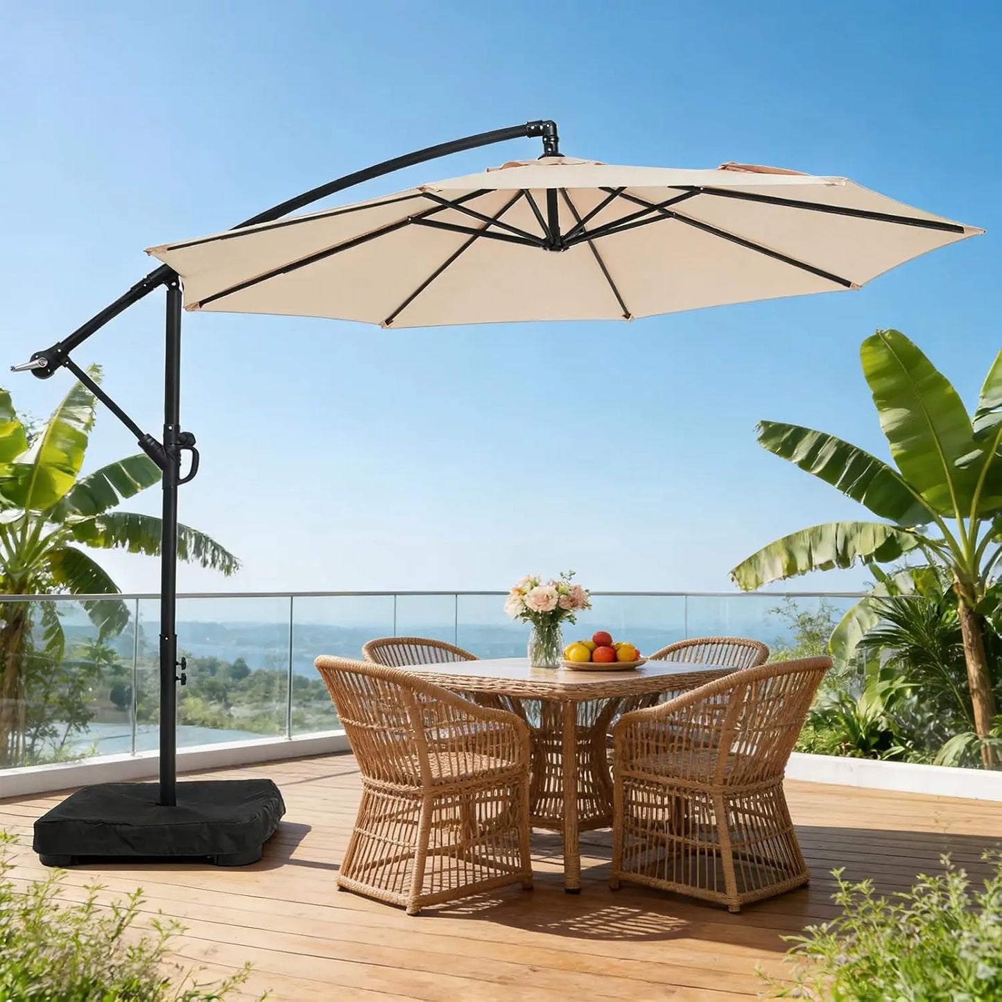 10ft Outdoor Offset Cantilever Umbrella with Sandbag Base Easy Tilt Crank Beige