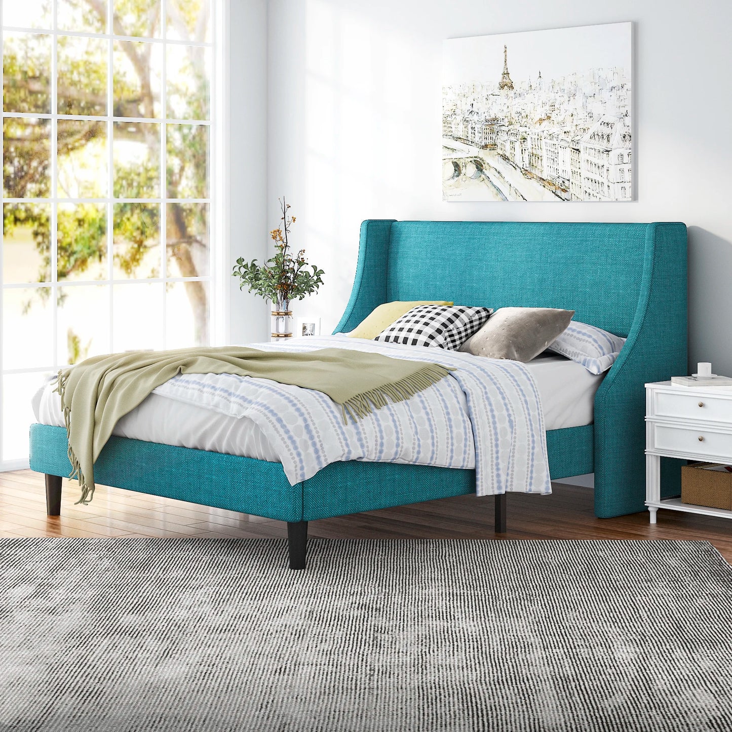 HOOMIC Fabric Upholstered Wingback Platform Bed with Headboard and Wood Slats