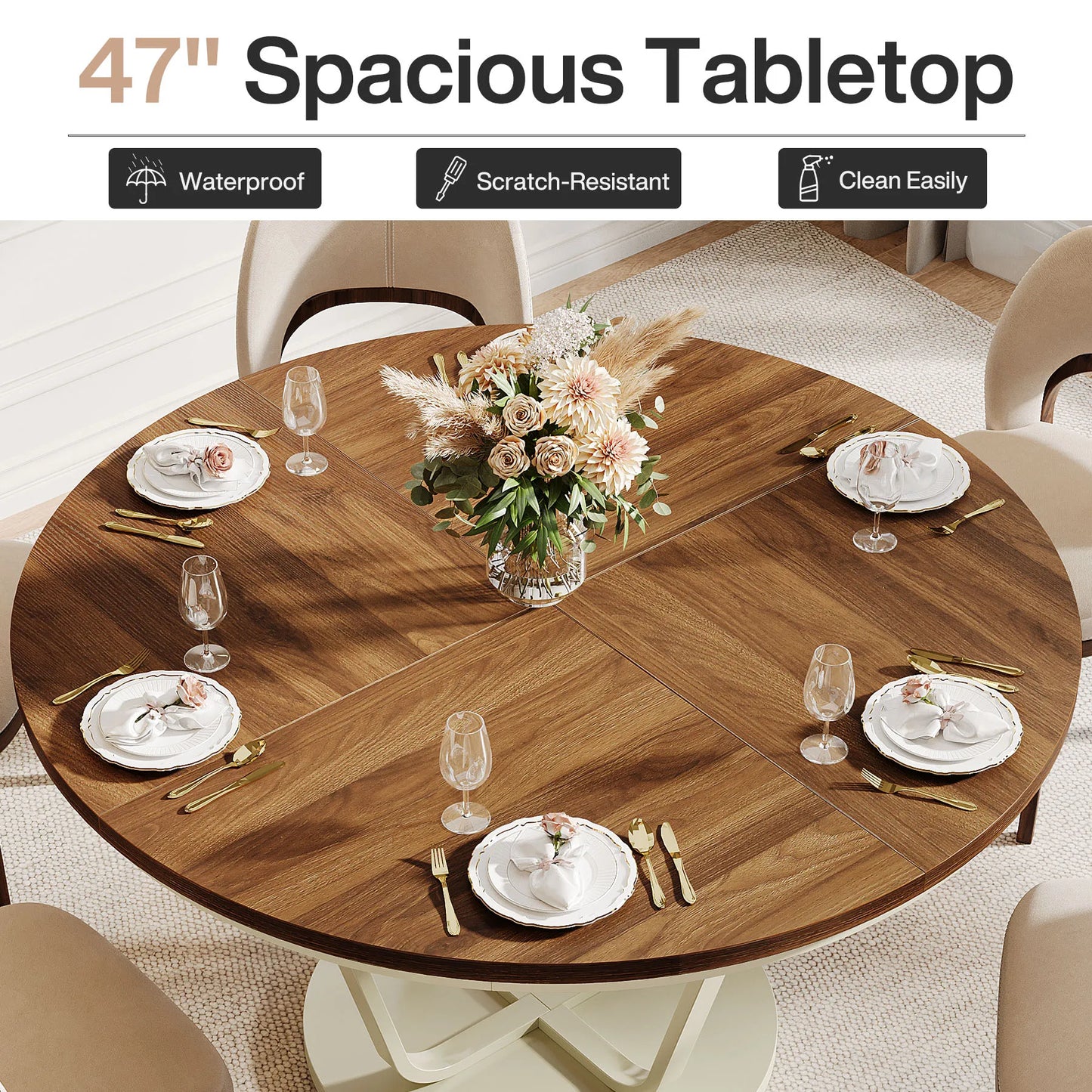 Tribesigns Round Dining Table 47 Inch Farmhouse Kitchen For 4 To 6 Gray Frame