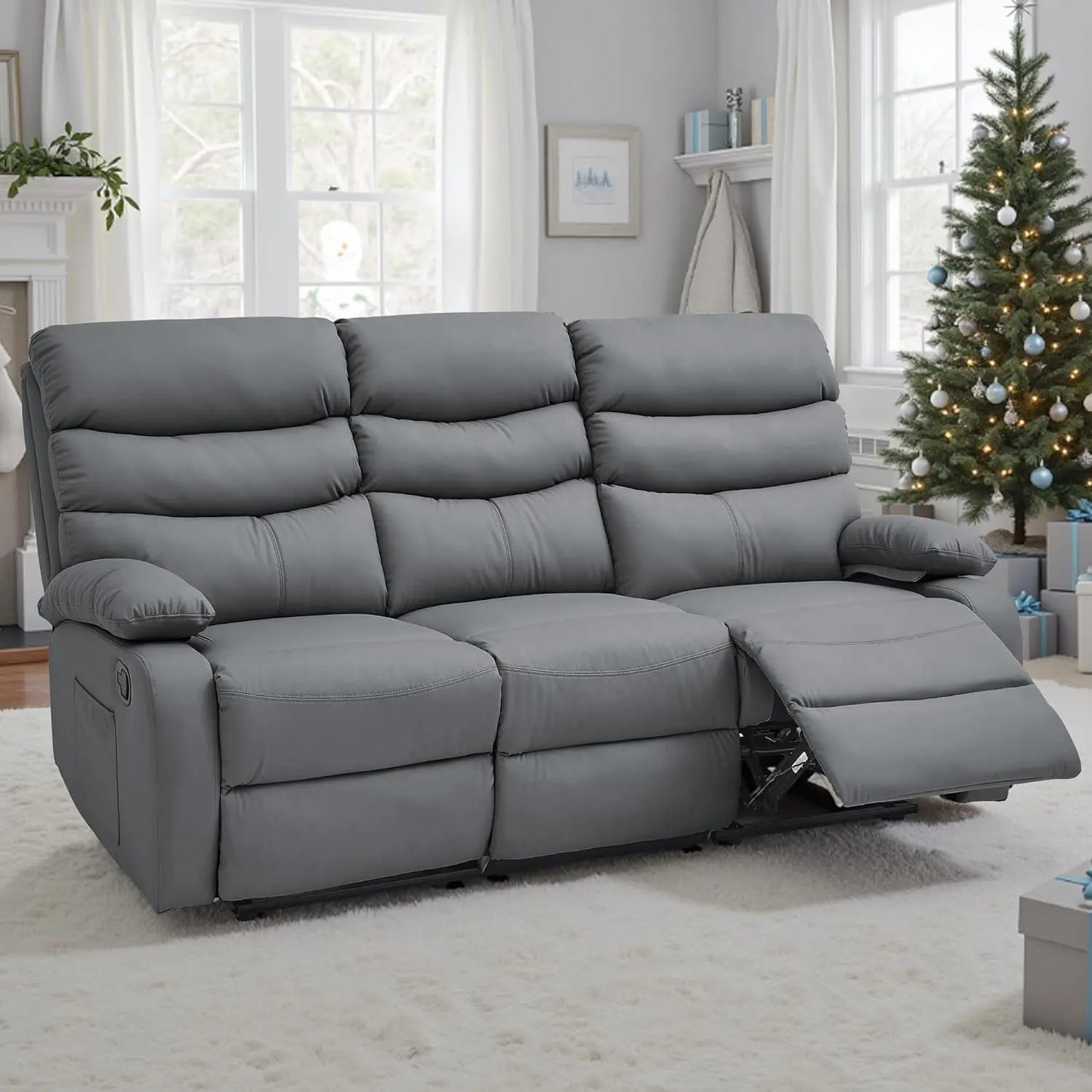 3 Seat Manual Reclining Leather Sofa With Overstuffed Arms Hidden Storage Beige