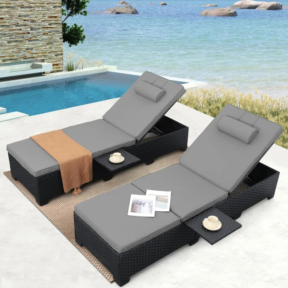 Outdoor Wicker Chaise Lounge Chairs Set Of 2 Reclining Rattan Patio Sun Loungers With Cushion Back Metal Frame For Pool And Patio Black Grey