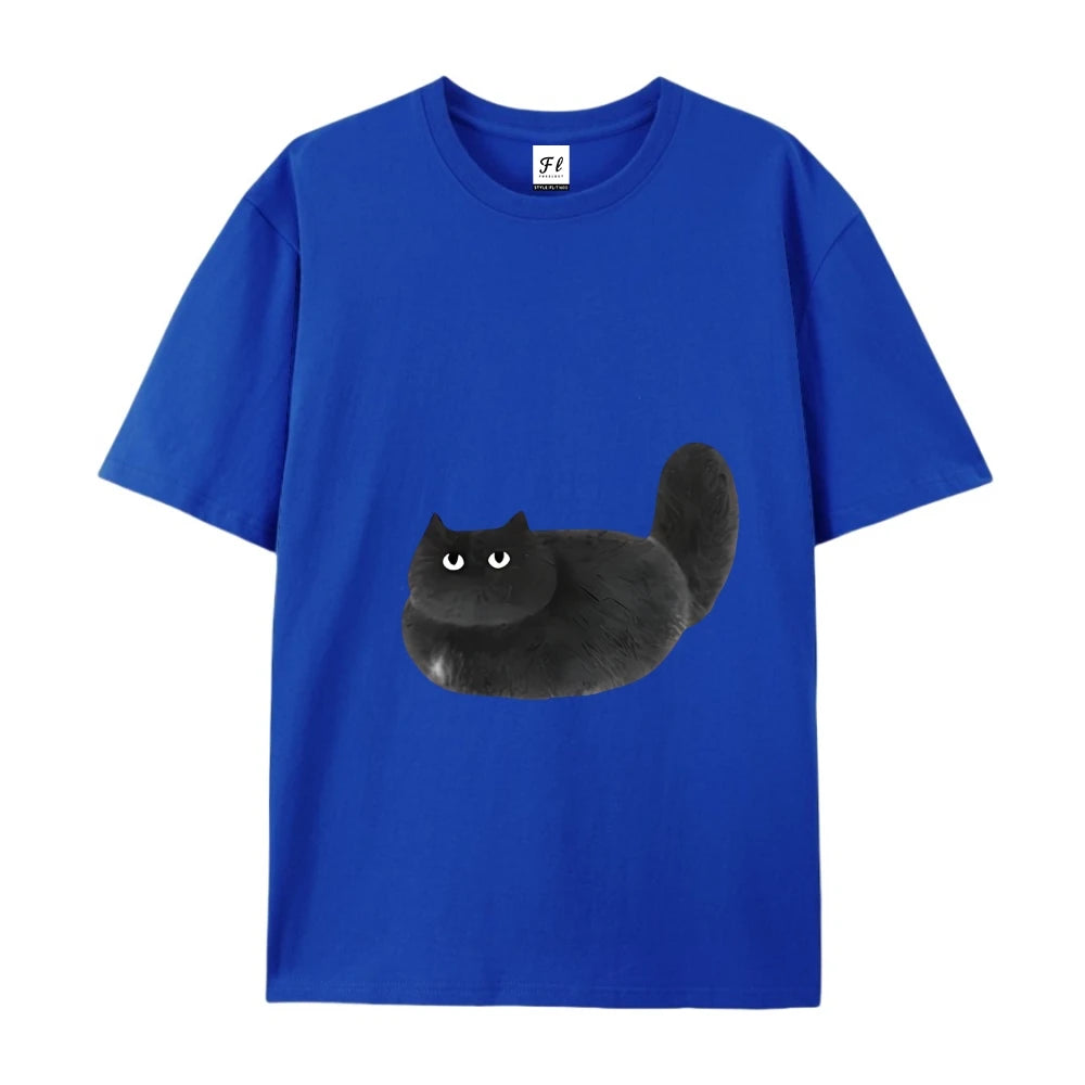 Womens Casual Black Cat Cartoon Print Short Sleeve TShirt Durable Machine Washable