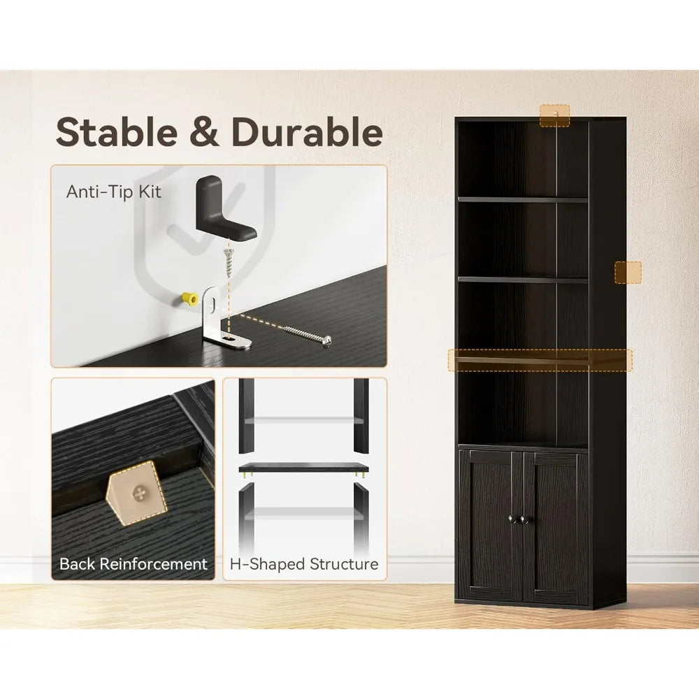 Casaottima Black 6 Tier Bookcase With Doors Floor Standing Home Office
