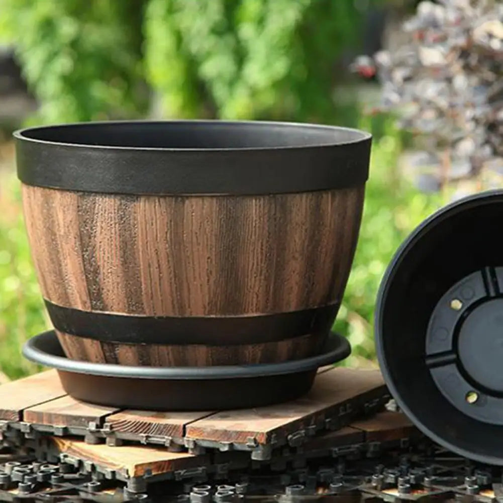 Barrel Shape Imitation Wood Plant Pot Plastic Flowerpot For Indoor Outdoor