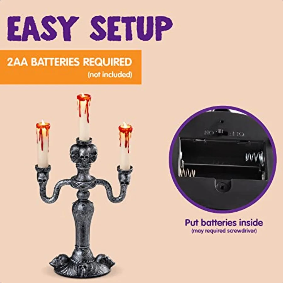 2 Pcs Skull Candelabra Halloween Decor LED Candle Holder