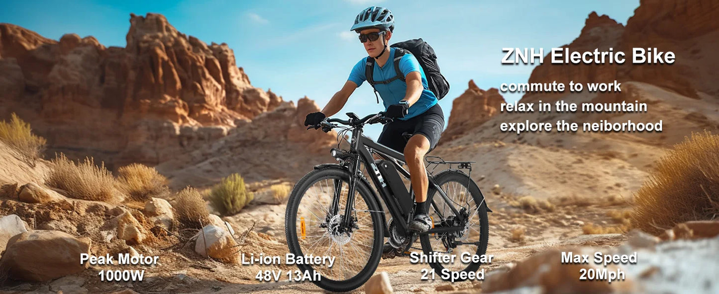 1000W Peak 48V Electric Mountain Bike 26Inch Removable Battery, 60 Mile Range