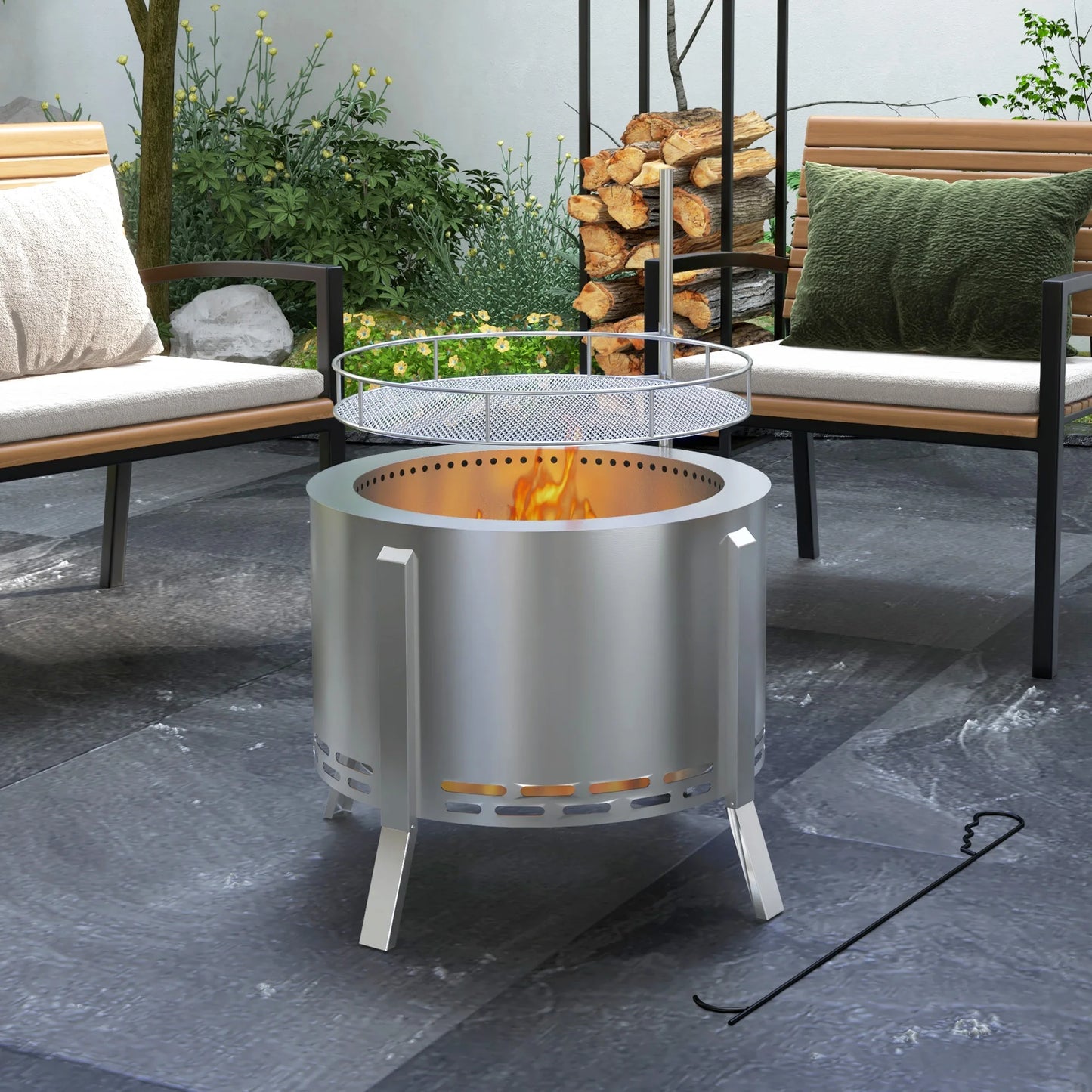 Outsunny Smokeless Fire Pit BBQ Grill Poker Stainless Steel