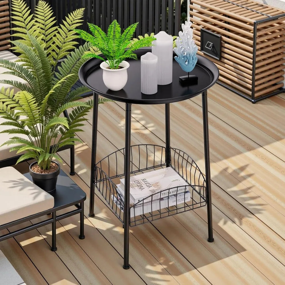 Outdoor Bamboo 2 Tier Side Table Weather Resistant Patio End Table
