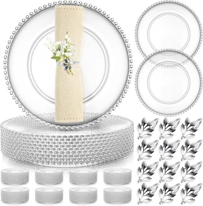50 Set Clear Charger Plates Bulk 13 Inch Beaded Plastic Charger Plates with Napkin Rings Acrylic Round Dinner Table Decorative Plates for Party Wedding Thanksgiving