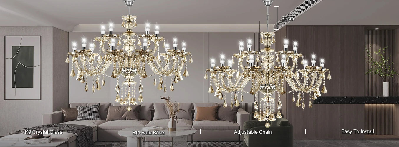 15 Arms Crystal Chandelier Pendant Lighting E14 Modern K9 Glass Fixture for Bedroom Living Room Corridor Hall