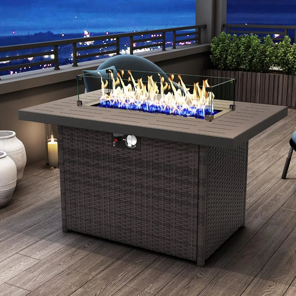44 Inch Propane Gas Fire Pit Table Outdoor Patio 60000 BTU Rectangular Wicker