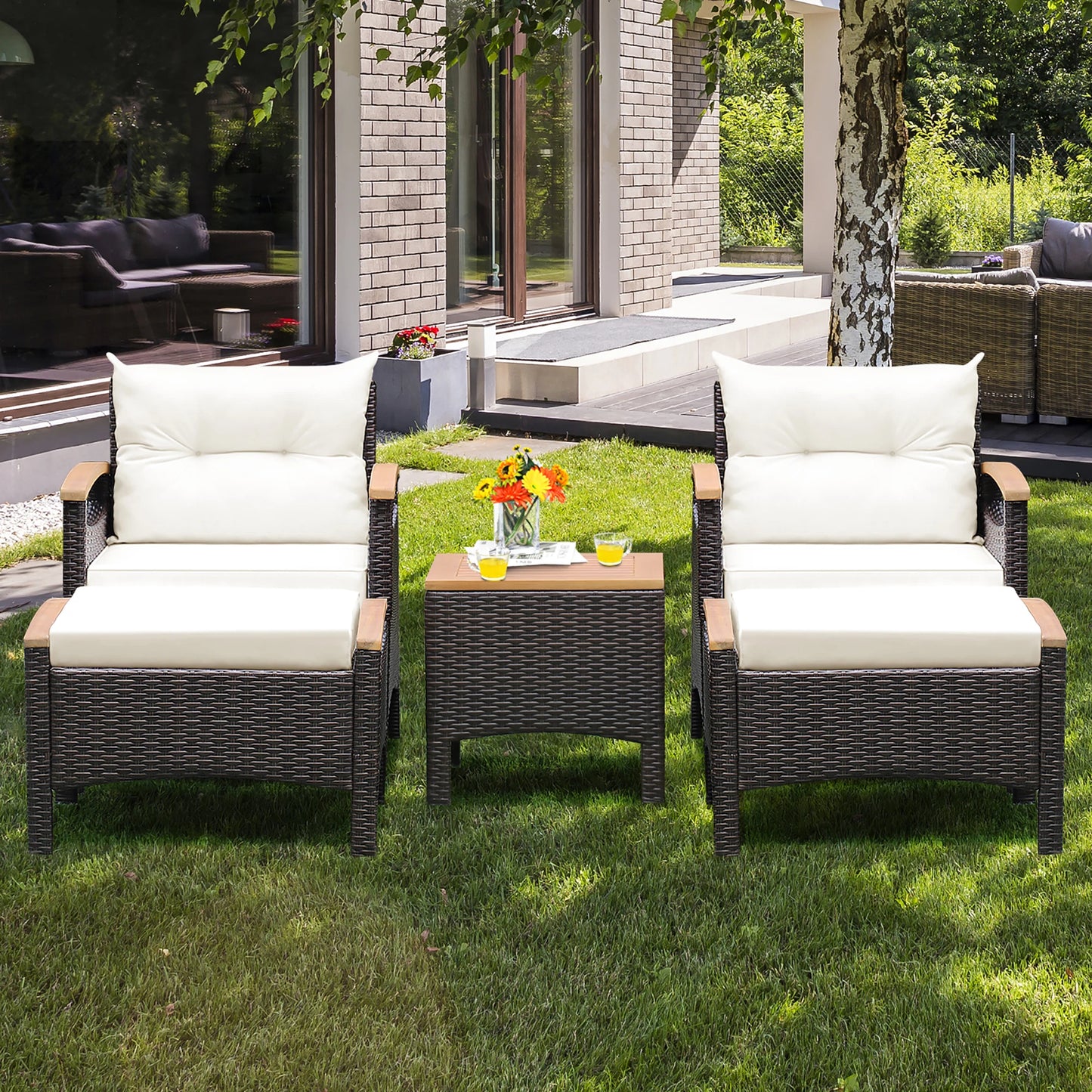 5 Piece Patio Rattan Furniture Set Sofa Ottoman Cushioned Table With Wood Top