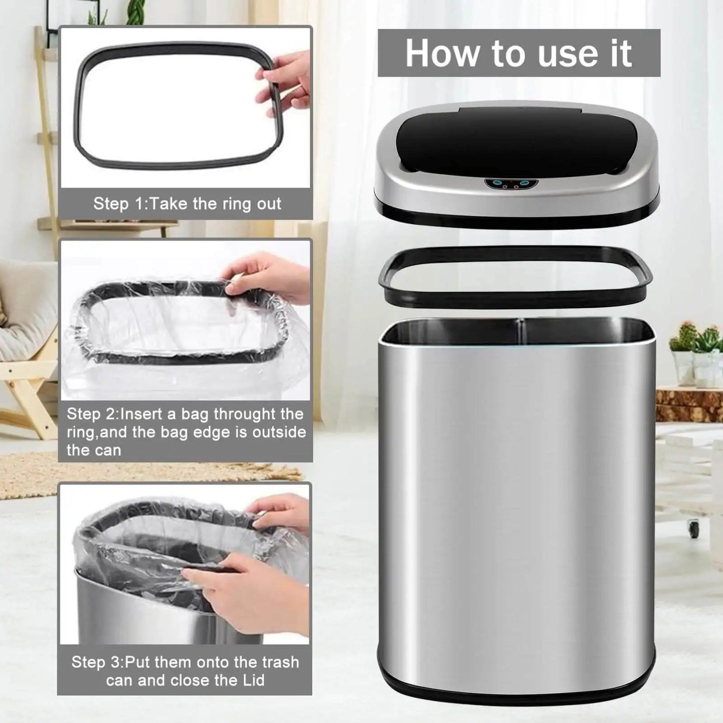 Kitchen Trash Can with Lid 13 Gallon Automatic Stainless Steel Garbage Can with Touch Free Motion Sensor