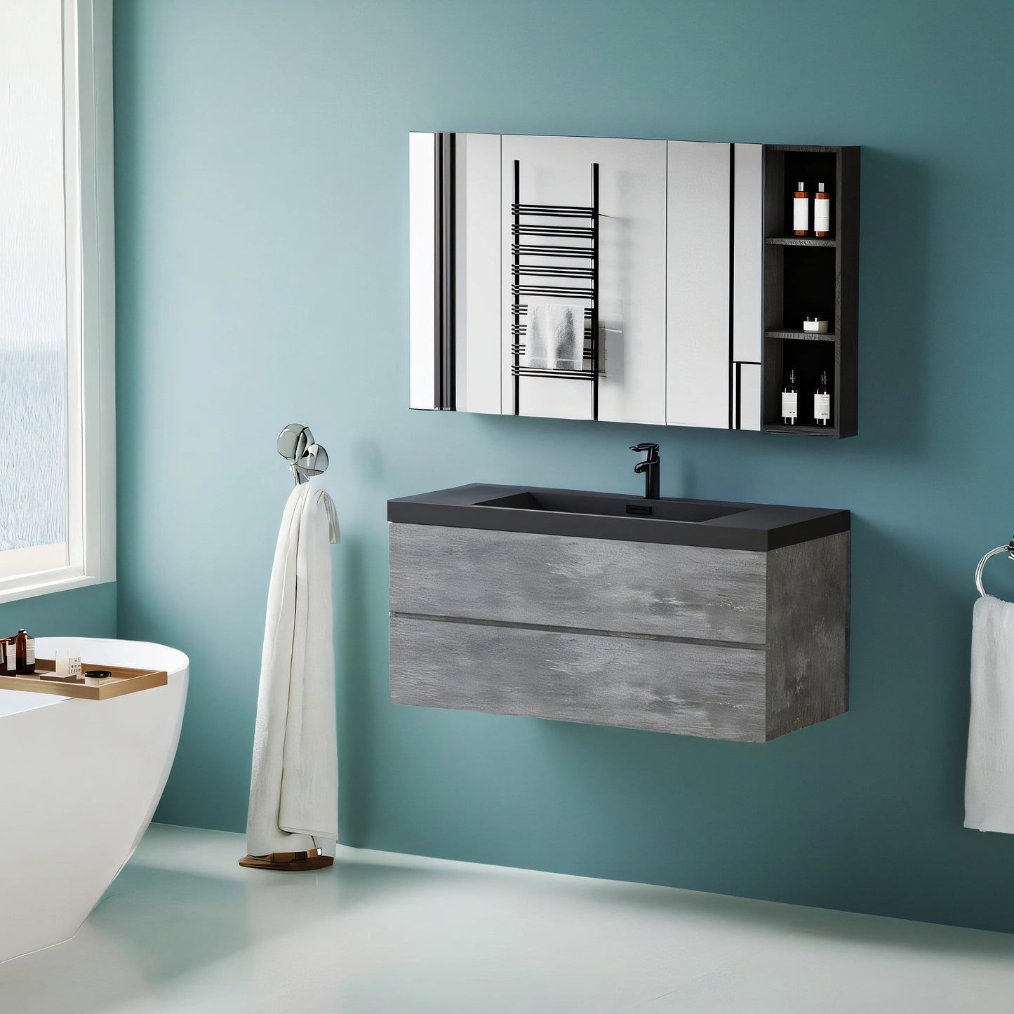 48 Inch Floating Bathroom Vanity With Sink Black Quartz Top