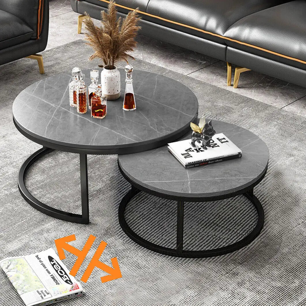 Modern Nesting Grey Marble Top Coffee Table Set Metal Legs