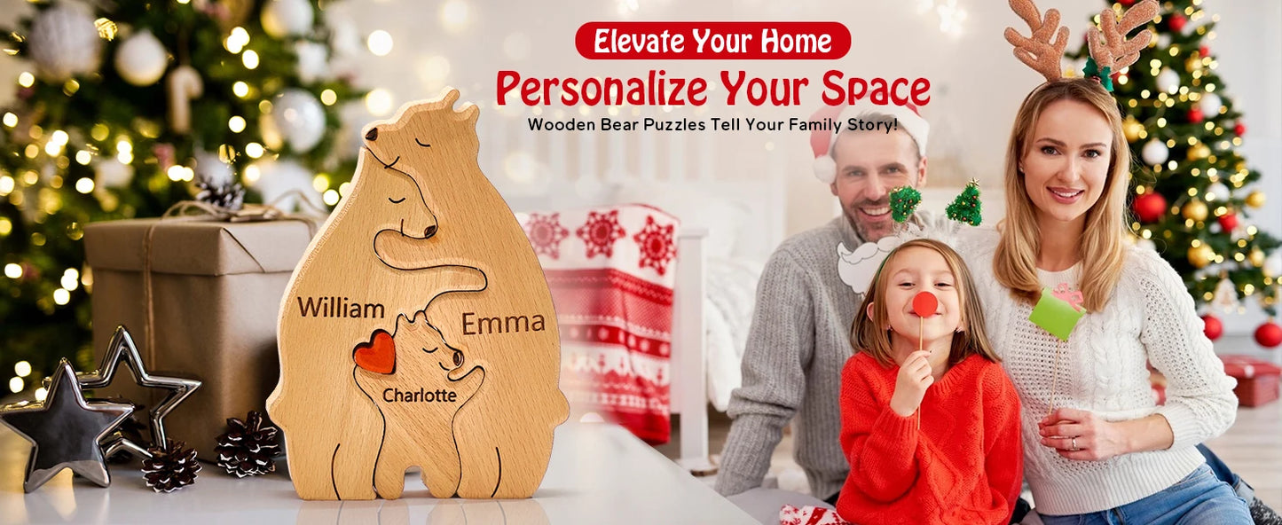 Personalized Custom Bear Family Wooden Puzzle DIY Free Engraving Name Sculpture Home Desk Decor Figurines Christmas Birthday Gift