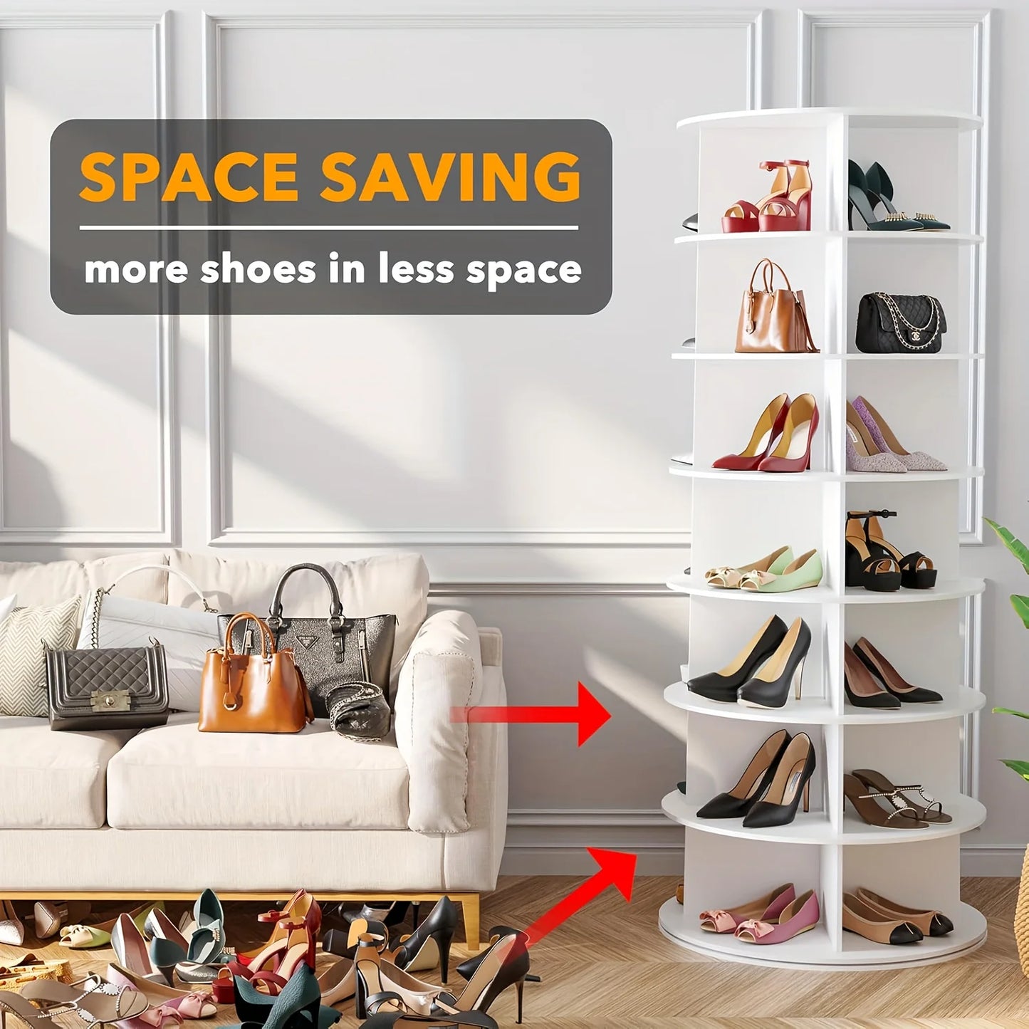 7 Tier Spinning Shoe Rack 360 Degree Rotating Vertical Carousel Storage White