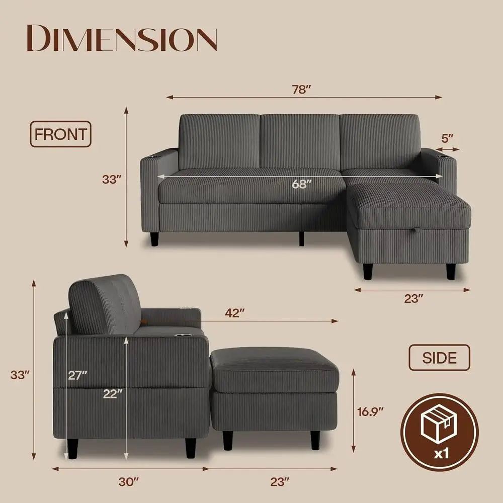 Three Seat L Shaped Sectional Sofa With Storage Ottoman And Cup Holders Grey