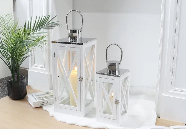Farmhouse Wood Lantern With Tempered Glass And Steel Handle