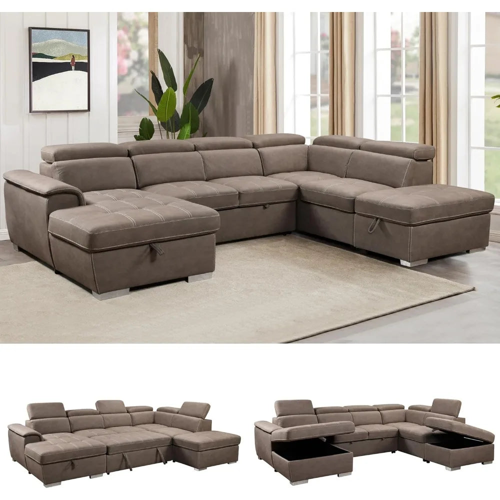 Thsuper 127 Inch Microfiber U Shaped Sectional Sleeper Sofa With Pullout Bed