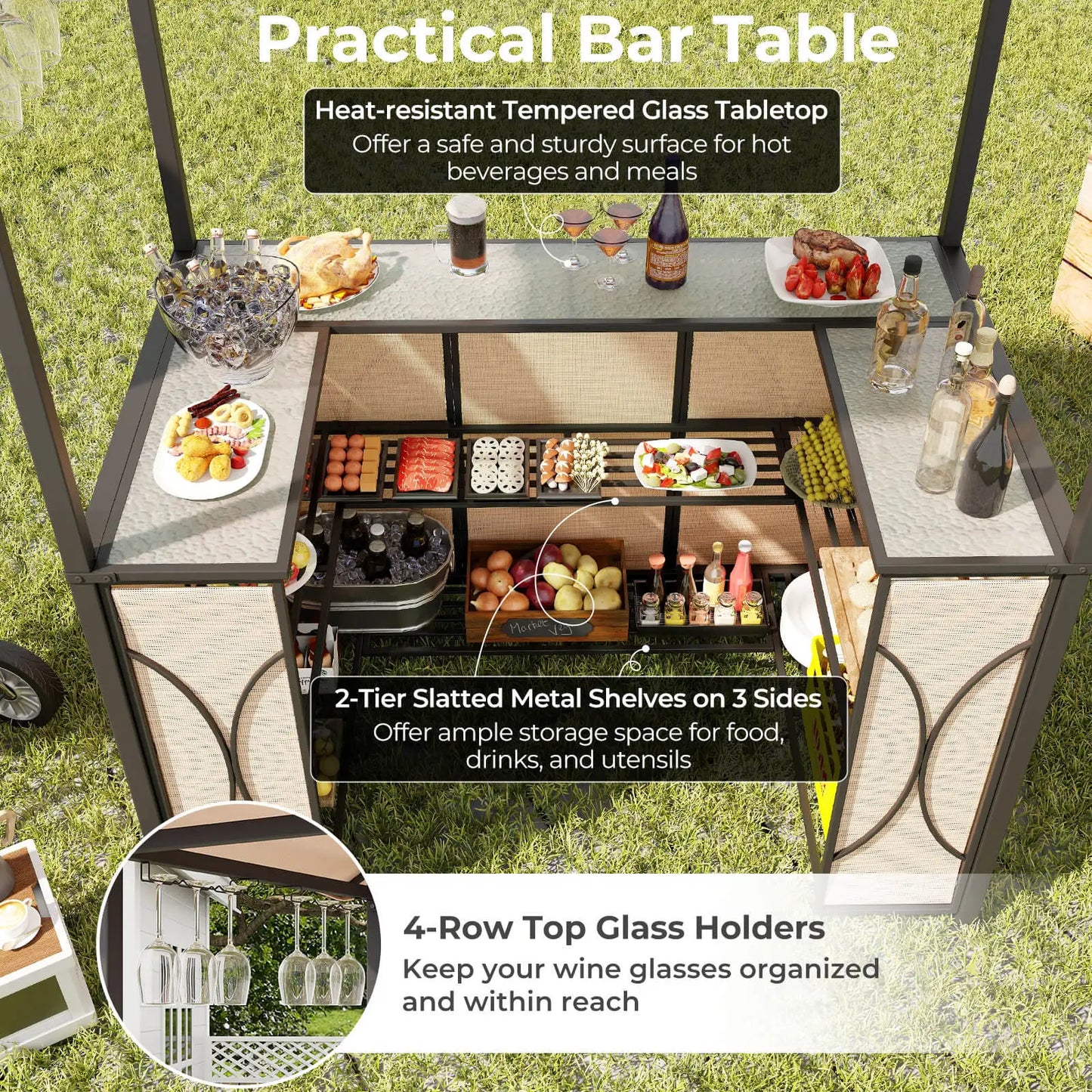 3 Piece Patio Bar Set Tempered Glass Bar Table And Metal Storage Shelves Brown