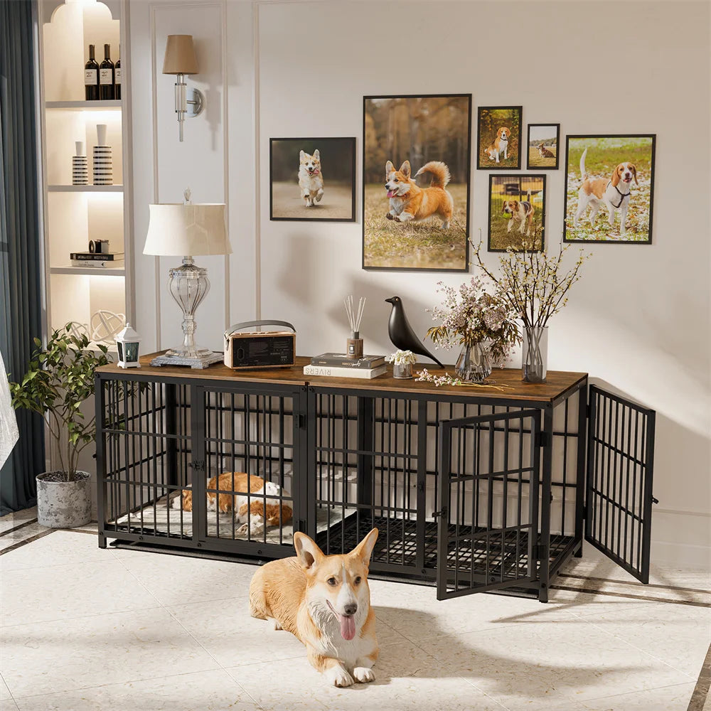 Large Wooden Dog Crate End Table Style Elevated Kennel With 3 Doors
