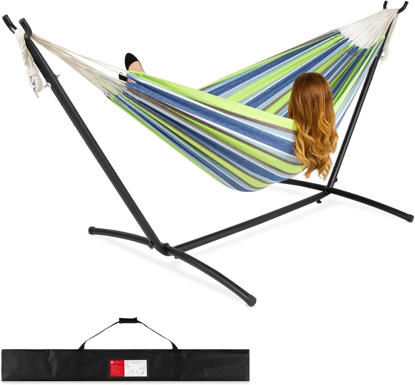 Double Brazilian Style Cotton Hammock With Steel Stand For Indoor Outdoor With Carrying Bag