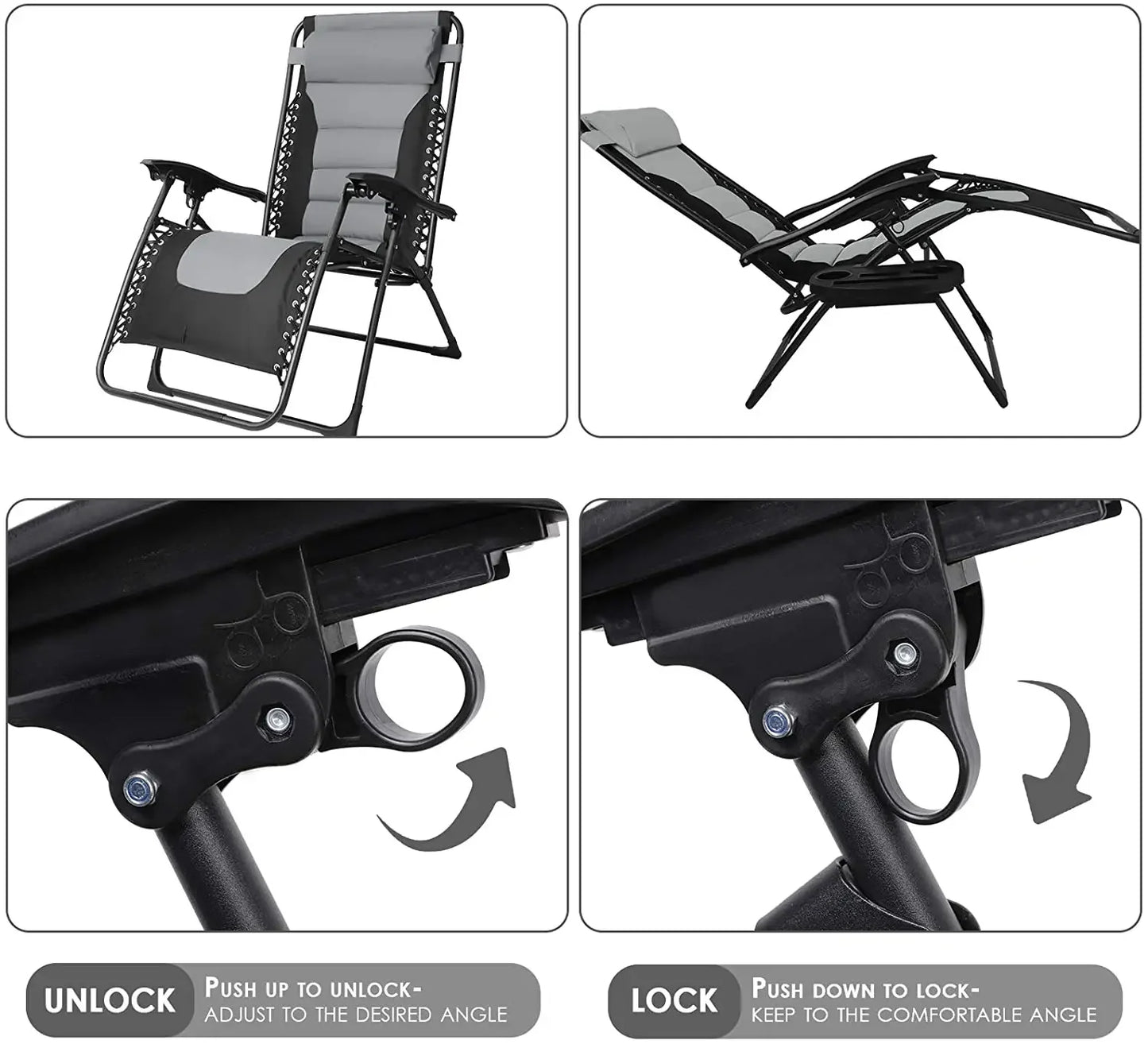 Padded Zero Gravity Lounge Chair Folding Patio Recliner with Adjustable Headrest and Cup Holder Support 160kg Sun Loungers