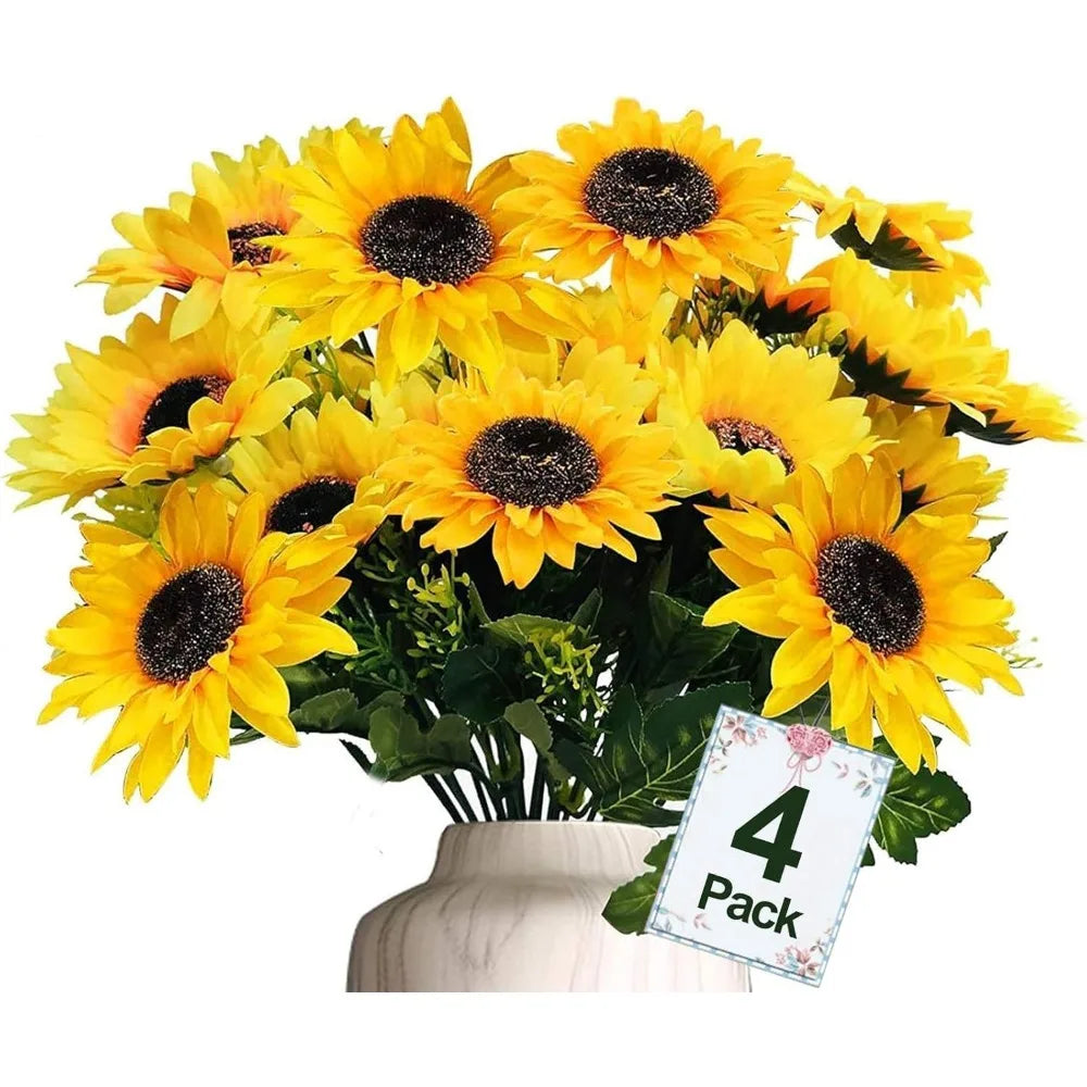 Sunflowers Artificial Flowers Outdoor Fall Decor 28Pcs 4Pack Silk Bouquet
