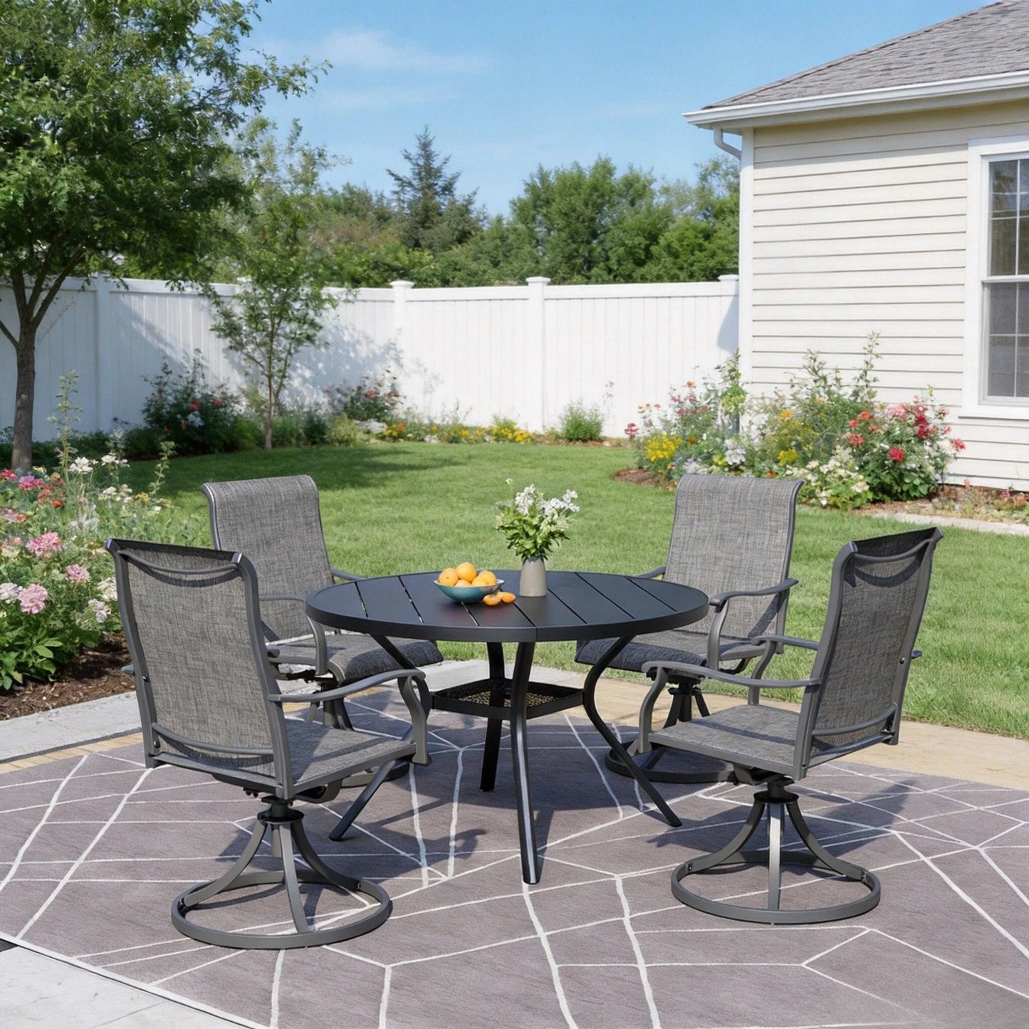 Bigget 5 Piece Outdoor Dining Set 41 Inch Round Table 4 Grey Textilene Chairs