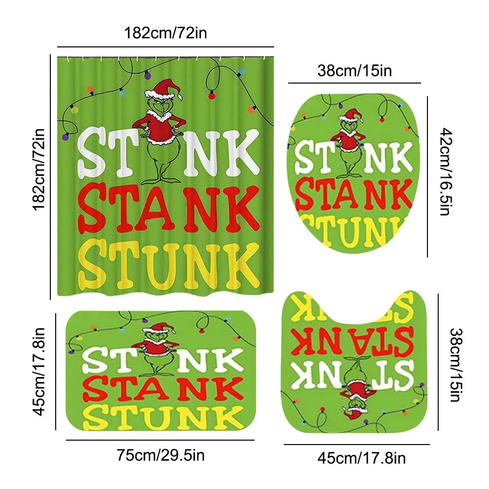 Christmas Snowman Shower Curtain Set With Green Bath Mat