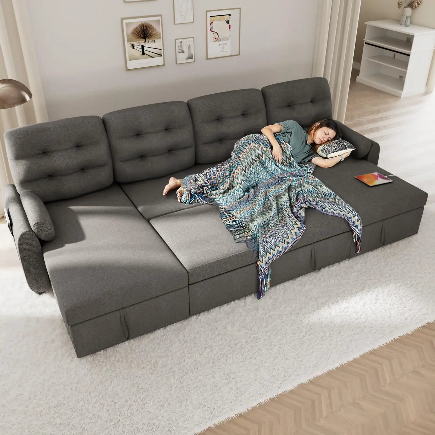 87 Inch Sleeper Sectional Sofa Bed With Storage Chaise