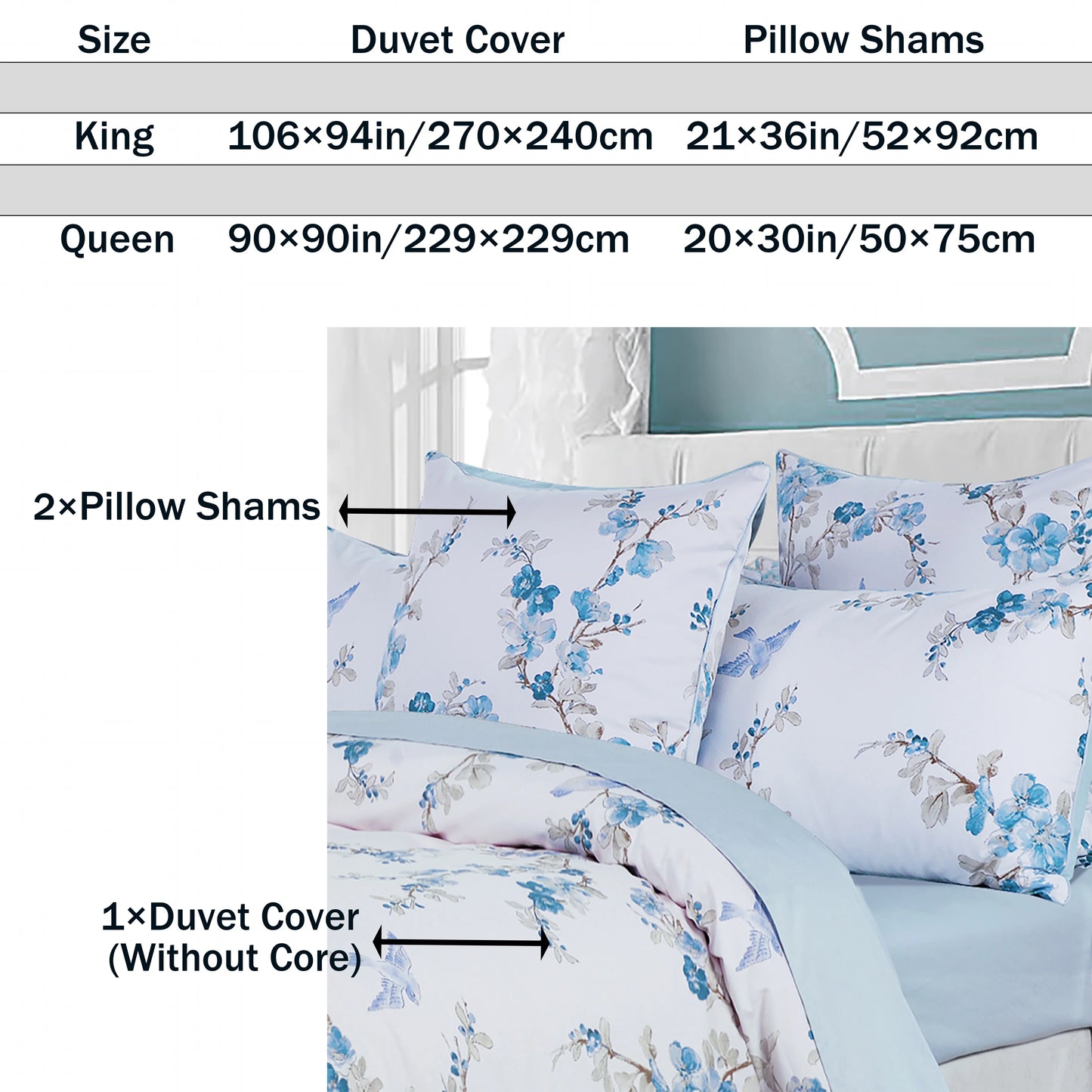 3Pc 600TC Egyptian Cotton Duvet Cover Set Blue Floral