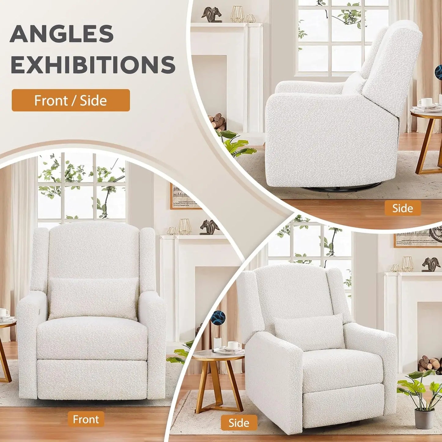 Power Recliner With USB Port Boucle Upholstered Large Swivel Rocker Recliner