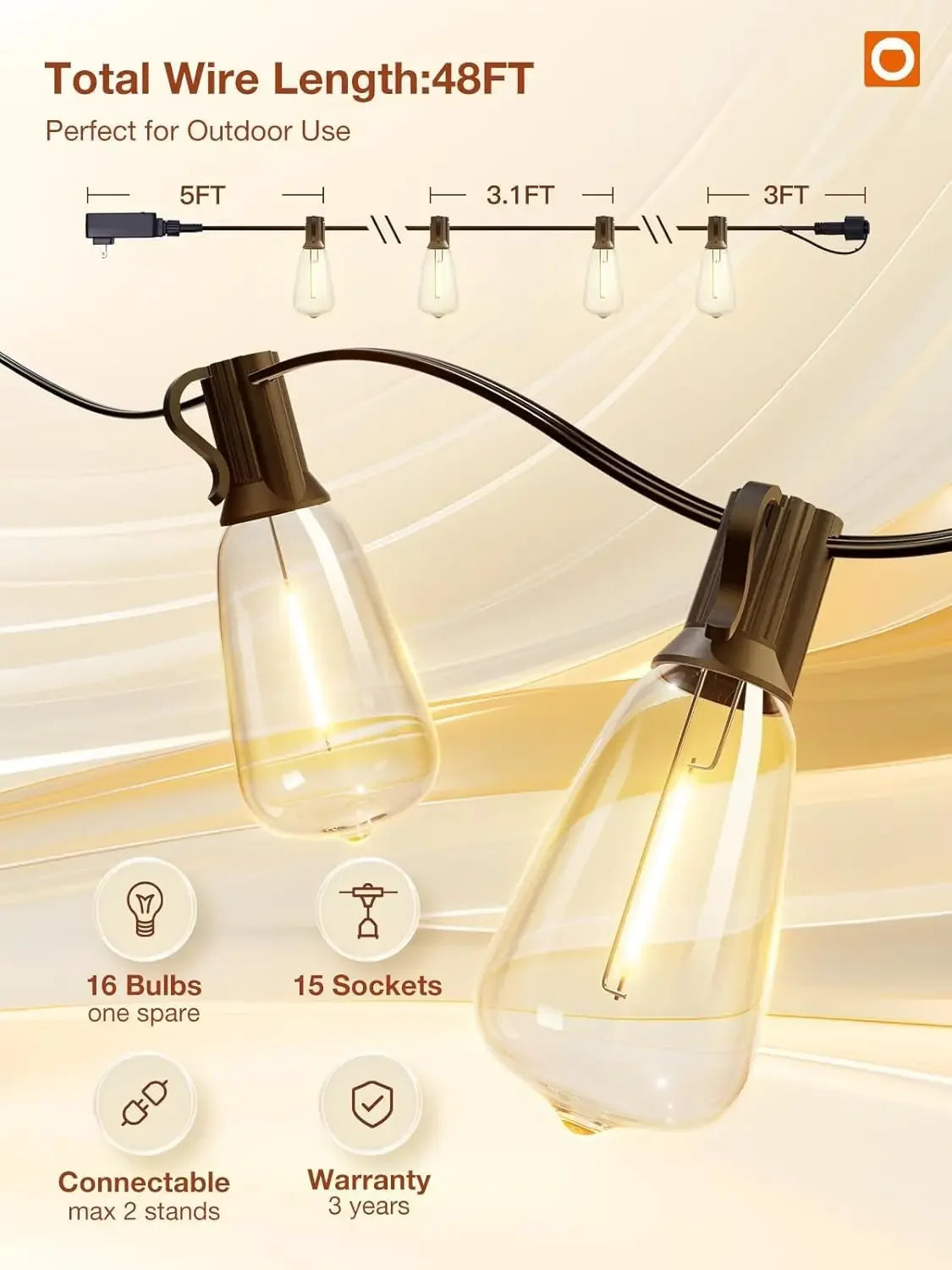 150Ft Led Outdoor String Lights Waterproof Patio Dimmable Replaceable ST38 Bulbs